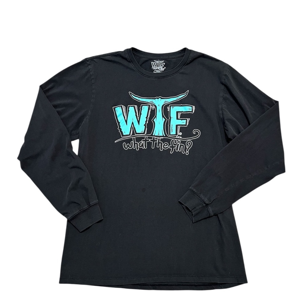 WTF WHAT THE FIN? Black long-sleeve T-shirt 100% cotton made in USA size MEDIUM